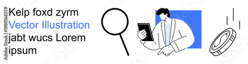 Data analysis, market research, digital economy, financial planning, technology, business strategy. Man with tablet, magnifying glass and falling coin visual. Business strategy and data analysis