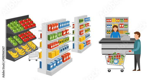 Woman shopping with cart and cashier.