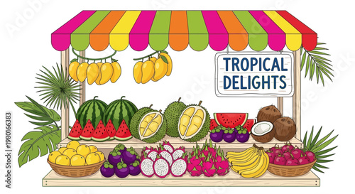 Tropical fruit stand with colorful produce.
