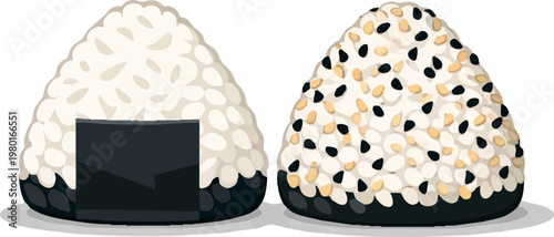 Japanese Onigiri Rice Balls, Classic Nori and Sesame Seed Variations on White Background
