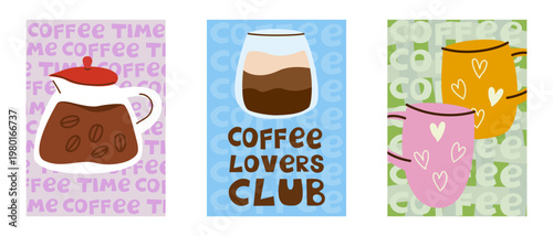 Coffee poster set with cute mugs and beans. Cafe card collection for kitchen wall art, menu design, or coffee shop decor.
