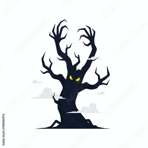 Mystical Dark Forest with Shadowy Tree and Glowing Eyes