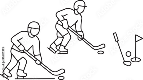 Photography Hockey Player and Equipment Line Icons – Ice Hockey Action and Sports Outline Ve
