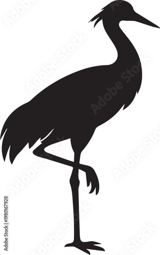 Silhouette of a crane bird standing on one leg side view black with silhouette wildlife standing waterfowl flightless graceful illustration isolated minimalist
