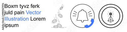Finance management, notifications, communication, omnipresence, business strategy, and digital services. Bell with alert lines, coins falling and eye symbol in pyramid. Finance and notifications