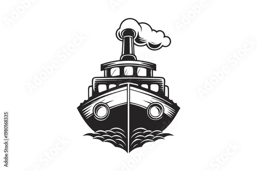 Minimalist black and white silhouette of a steamship on the open sea
