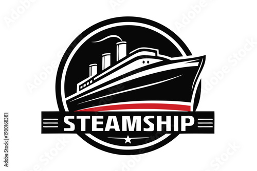 Elegant black and white silhouette illustration of a steamship at sea