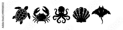 Set of Nautical Sea Life Silhouettes Including Turtle, Crab, Octopus, Seashell, and Stingray Vector Icons Isolated on White Background for Coastal Design
