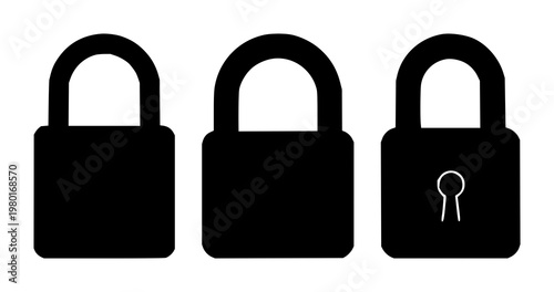 Data encryption padlock set with solid black icon on white background featuring padlock symbol, encryption, data protection with minimalism and vector