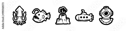 Collection of Deep Sea Exploration Icons including Squid, Anglerfish, Underwater Volcano, Submarine, and Vintage Diving Helmet. Hand-Drawn Nautical Graphic Elements in Black and White.