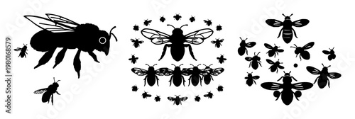 Bee cluster set with solid black icon on white background featuring bees, swarm, intelligence with icon design and vector illustration