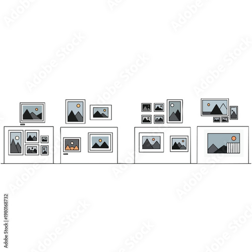 Diverse Collection of Framed Photographs and Artworks on a Modern Wall Display