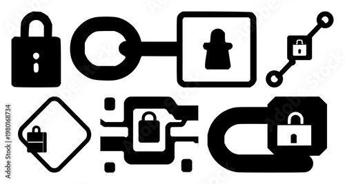 Blockchain technology set with secure data blocks featuring cryptocurrency, digital ledger, distributed network with encryption and decentralized system