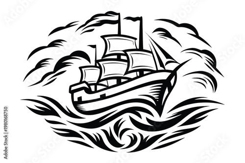 Minimal black and white silhouette of a steamship at sea