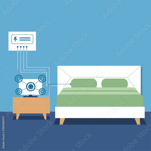 Smart Home Technology Bedside Setup With Central Hub And Power Unit.
