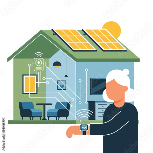Woman controlling smart home technology with smartwatch.