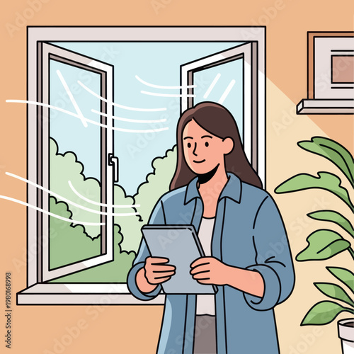 Young woman holding tablet computer near open window with fresh air flowing in.