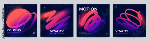 Modern abstract square poster set with dynamic glowing neon gradient shapes on dark blue background. Minimal banner design with smooth fluid strokes. Ideal for branding, presentations, social media