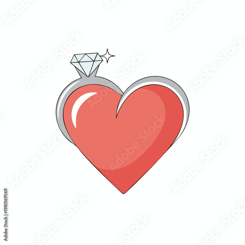 Elegant Heart with a Sparkling Diamond Ring Illustration for Romantic or Celebration Themes