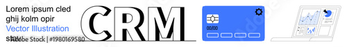 Customer relationship management, digital tools, business solutions, data analytics, technology interface, corporate strategy. Text CRM and icons showing digital tools. Customer relationship