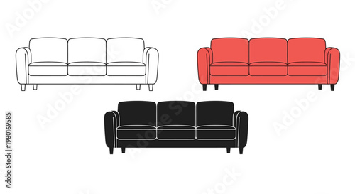 Three modern sofas are displayed one white one red and one black showcasing different color options
