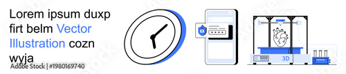 Time efficiency, future technology, secure access, creativity, innovation, and productivity. Clock, smartphone with security icon 3D printing setup. Time efficiency and future technology