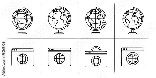 Globe and International Website Vector Icon Set Minimalist Line Art 9 Grid