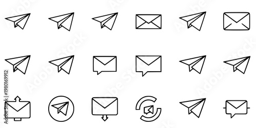 Paper Airplane and Sending Vector Icon Set Minimalist Line Art 16 Grid