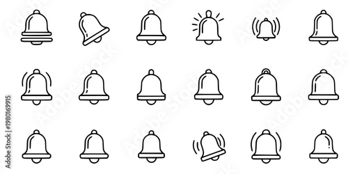 Notification Bell and Alert Vector Icon Set Minimalist Line Art 16 Grid