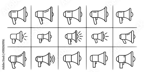 Megaphone and Announcement Vector Icon Set Minimalist Line Art 9 Grid