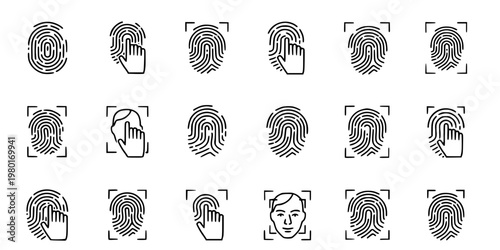 Biometric Fingerprint and Face Scan Vector Icon Set Minimalist Line Art 16 Grid