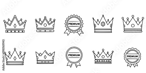 Crown and Premium Membership Vector Icon Set Minimalist Line Art 9 Grid