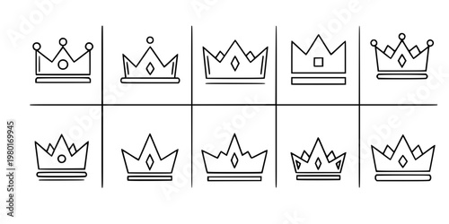 Crown and Premium Membership Vector Icon Set Minimalist Line Art 9 Grid