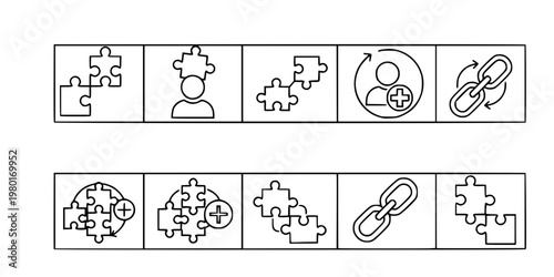 Puzzle Piece and User Connection Vector Icon Set Minimalist Line Art 9 Grid
