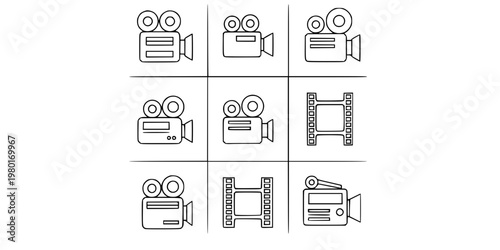 Video Camera and Film Strip Vector Icon Set Minimalist Line Art 9 Grid