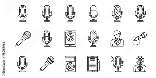 Microphone and Podcasting Vector Icon Set Minimalist Line Art 16 Grid