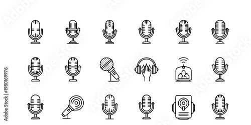 Microphone and Podcasting Vector Icon Set Minimalist Line Art 16 Grid