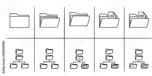 Folder and Directory Tree Vector Icon Set Minimalist Line Art 9 Grid