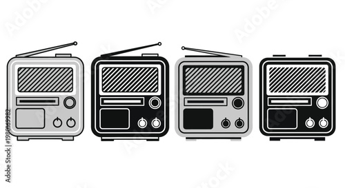 Four vintage transistor radios are displayed in varying shades of gray and black