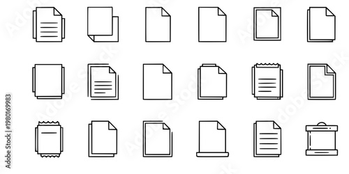 Blank Document and Text File Vector Icon Set Minimalist Line Art 16 Grid