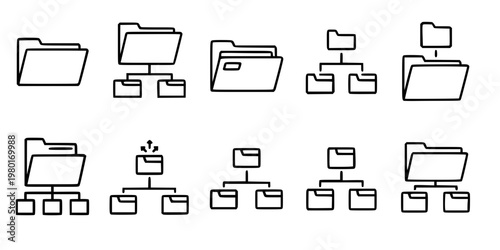 Folder and Directory Tree Vector Icon Set Minimalist Line Art 9 Grid