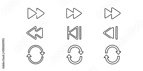 Forward Rewind and Loop Arrow Vector Icon Set Minimalist Line Art 9 Grid