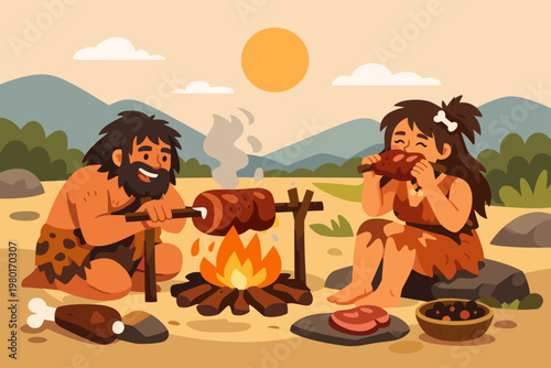 Prehistoric Caveman and Cavewoman Roasting Meat over a Campfire in the Stone Age, Ancient Primitive Couple Eating Food Outdoors, Flat Vector Illustration of Early Humans in a Natural Landscape