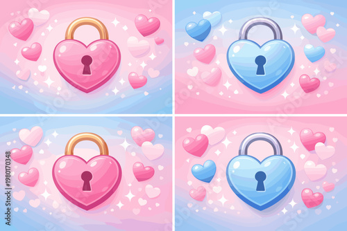 Happy Valentine's Day cute heart shaped padlock vector poster set with pastel pink and blue gradients, floating hearts, and sparkles. Romantic 3D style lock design for love and security concepts.