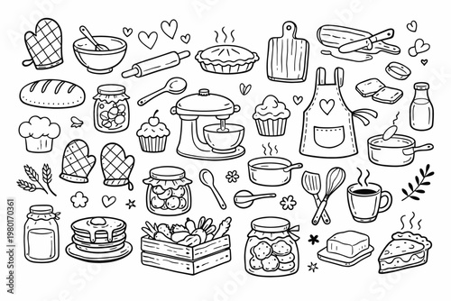Hand Drawn Kitchen and Baking Doodle Set with Cooking Tools, Food, and Utensils. Includes Stand Mixer, Apron, Oven Mitt, Pie, Bread, Cupcakes, Pancakes, and Jars. Vector Illustration for Recipes.