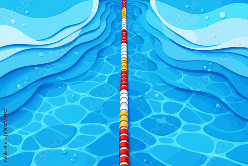Papercut Style Panoramic Vector Banner of a Swimming Pool Lane with Layered Blue Water Ripples, Bubbles, and a Colorful Lane Divider, Ideal for Summer Sports and Aquatic Fitness Backgrounds