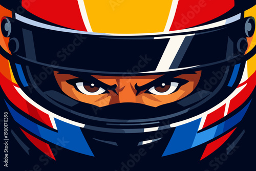 Intense Close-up Vector Illustration of a Racing Driver with Determined Eyes Visible Through a Colorful Helmet Visor, Representing Speed, Focus, and Professional Motorsport Competition and Power