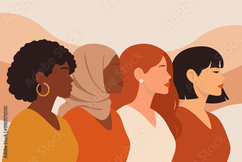 Diverse Women Portraits in Profile for Women's History Month, Flat Vector Illustration of Multiethnic Females Celebrating Sisterhood and Inclusion, Minimalist Poster Design for Female Empowerment