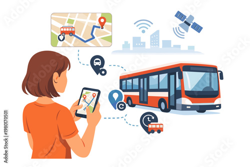 Woman using a smartphone app to track city bus location and route in real time, showing urban public transport navigation with GPS satellite technology, smart city commute, and digital map.