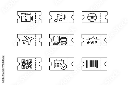 Minimalist Ticket and Entry Pass Icon Set Featuring Cinema, Music Concert, Soccer Sport, Airplane Flight, Bus Train Transport, VIP Access, QR Code, Calendar Date, and Barcode Line Art Graphics
